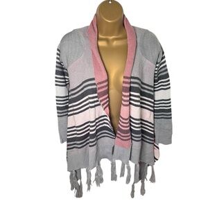 Full Tilt Fringe Hem Aztec Cardigan Open Front Gray Pink M Juniors